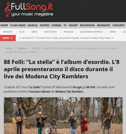 L’8 Aprile 2017 esce “La Stella” il primo EP della band di Perugia gli 88 Folli